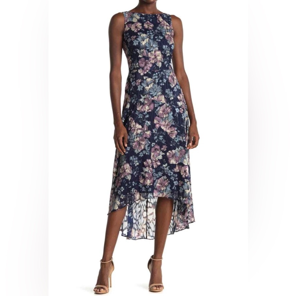 VINCE CAMUTO Navy Floral Chiffon Sleeveless High Low Maxi Dress Sz 6